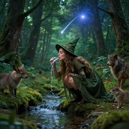 A beautiful witch in a green forest, surrounded by different animals, drinking water from a stream, against the background of a shooting star, and a bright supernova, photo realism, 768