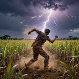a cyclone made from rum rips through a sugarcane field, thunder and lightning dancing in the sky, digital art