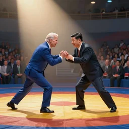 Joe Biden fight Xi Jinping in a wrestling match, funny, caricature, detailed, full body,