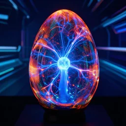 medium shot portrait of a plasma energy tron murano candy glass egg designed by david chihuly. made up of glowing swirling electric pixels. tron world background. photo still by annie liebowitz