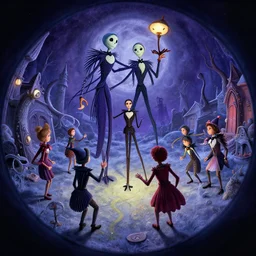 curved perspective, extreme narrow, extreme fisheye, digital art of kids playing by anton fadeev from nightmare before christmas
