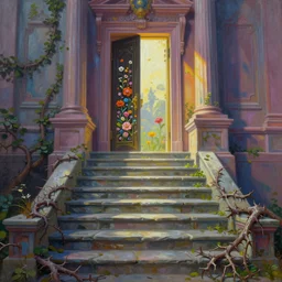 matte glossy painting of stone steps fantasy leading do a fantasy door opening flowers, thorns roots along the steps, artstation by emilia dziubak, will terry, greg olsen, chris mars, ann long, and mark brooks, gret ritkowski dramatic, neo classical architecture, colorful architecture