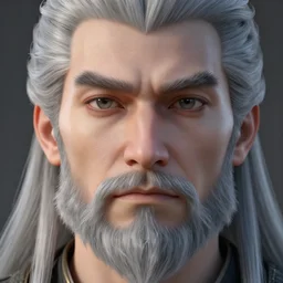 face closeup covered with 4 0 year old caucasian man, symmetric face, wize medium look, medium sized eyebrows, gren and grey eyes, pale skin, silver grey viking beard with some black hairs, shoulder long silver grey hair, 3 d render, hyper - realistic detailed portrait, ruan jia, wlop