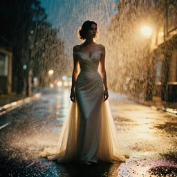 symmetry!! a 2 8 mm macro photo of a woman in a formal gown standing in the rain, long exposure, misty, night, splash art, movie still, bokeh, canon 5 0 mm, cinematic lighting, dramatic, film, photography, golden hour, depth of field, award - winning, anamorphic lens flare, 8 k, hyper detailed, 3 5 mm film grain