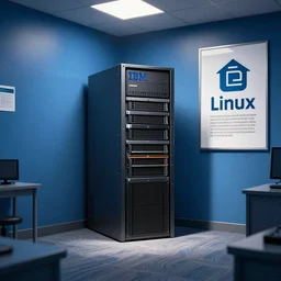 big blue room with an IBM server in the middle and a poster of linux on the wall