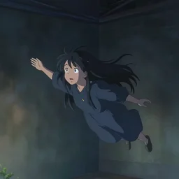 Young Himalayan woman floating psychically amused as if discovering her powers for the first time | night time scene, plain walls |light hearted, white eyes, long messy hair | gentle lighting, futuristic, dim lighting, digital art by Makoto Shinkai ilya kuvshinov and Wojtek Fus, digital art, concept art,
