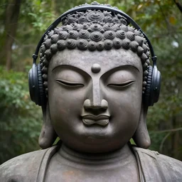 a 4 k photorealistic photo medium shot of a statue of buddha wearing headphones eyes closed