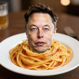 elon musk face in a plate of spaghetti, dof and bokeh