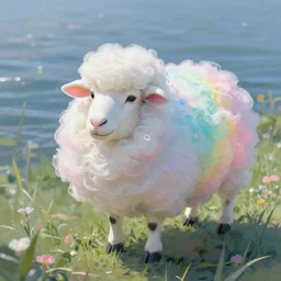Sea like jelly, Rainbow sheep like cotton candy，dreamy, soft , highly detailed, in the style of Oscar-Claude Monet