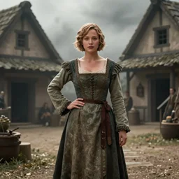 film still of jennifer lawrence, short hair, wearing medieval peasant dress, outside medieval farmhouse, glamour pose, deep focus, dramatic lighting, octane, mist, steve mccurry, volumetric lighting, 8 k