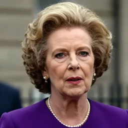 close up of liz truss morphing into margaret thatcher, cinematographic shot, by daniel f. gerhartz