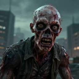 zombie close up with a city background, grotesque, ugly, moody, 3 d, 3 d render, realistic, hdr, stan winston studios, dramatic lighting, cinematic lighting