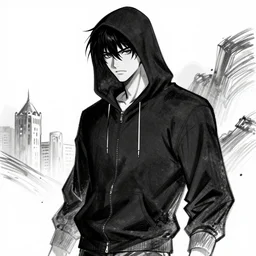a manga sketch of a man in a black hoodie become a god