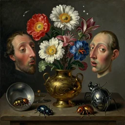 disturbing colorful oil painting dutch golden age vanitas still life deep perspective with bizarre recursive humanoid faces strange beautiful flowers metal objects shiny gooey surfaces shiny metal bizarre insects rachel ruysch dali todd schorr very detailed perfect composition rule of thirds masterpiece canon 5 0 mm, cinematic lighting, chiaroscuro
