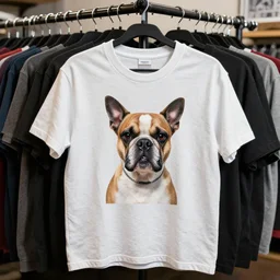 flash photography of a graphic shirt with a picture of an angry dog on it, clothing rack, thrift store, funny