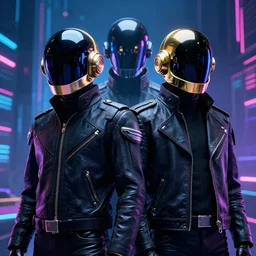 professional photo of daft punk, cyberpunk background, blade runner, hyperrealistic masterpiece, trending on artstation, cgsociety, kodakchrome, golden ratio, cinematic, composition, beautiful lighting, hyper detailed, sharp focus, octane render, 4 k, unreal engine