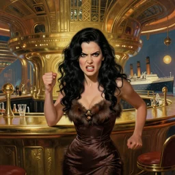 beautiful woman with long wavy curly black hair and green eyes, wearing a cocktail dress, furiously angry. intense emotion. she is in the bar of the atlantis paradise, a retro futuristic spaceship made of brass bronze gold, art deco influence, hotel style design. bioshock, starship titanic. clean, well composed painting by artgerm and greg rutkowski.