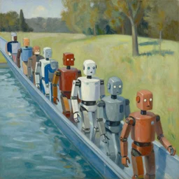 robots queue up for water slide, grant wood, pj crook, edward hopper, oil on canvas