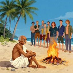 gandhi at the beach sitting on the sand next to a campfire with palm trees in the back, artwork by tooth wu and wlop and beeple and greg rutkowski, ilya kuvshinov katsuhiro villeneuve, jeremy lipkin and michael garmash and rob rey, by tristan eaton, stanley artgermm, tom bagshaw, carne griffiths