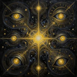 astral ptsd oil painting of abstract surrealist forms by yvonne mcgillivray by mandy jurgens by michael divine, powerful eyes glowing highly detailed painting, spiritual abstract forms, symmetrical, trending on art station, abstract emotional, very beautiful, fantasy digital art, highly detailed patterned visionary art, magic symbols, by michael divine, cosmic nebula, black gold color scheme