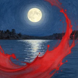 the moon shining on a lake at night, scarlet colour splash, painted with pastels, detailed sumi-e illustration