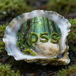 ultra detailed, the a forest word inside of an oyster, wet, shiny, fantasy, ultrarealistic
