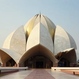gold and white marble lotus temple, by buckminster fuller and syd mead, intricate contemporary architecture, photo journalism, photography, cinematic, national geographic photoshoot