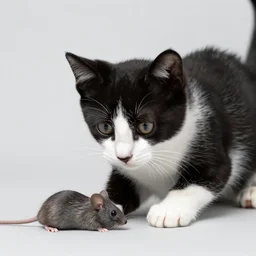black and white kitten playing with a mouse