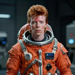 film still of David Bowie as David Bowman wearing orange space suit in 2001 a space odyssey, 4k