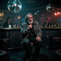 the full - body shot of drunk crying old wrinkled unkempt drunkard ( ( ( ( joaquin phoenix ) ) ) ) with sideburns beard worn in grey jacket in dark steampunk fallout disco bar, cinematography of christopher doyle, frostpunk, neon gloomy light, discoball reflections, anamorphic, optical flares, kodak film, sharp focus, 8 k