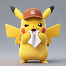 portrait sneezing cute detective sneezing pikachu mid - sneeze wiping face with rag at a photoshoot studio lighting