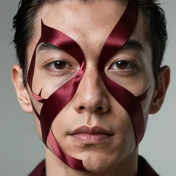 chaotic burgundy satin ribbons instead of skin build image of face, one point perspective, moebius, bao pham, donato giancola, larry elmore, dali masterpiece, trending on artstation, featured on pixiv, cinematic composition, beautiful lighting, sharp, details, hyper - detailed, hdr, 4 k, 8 k