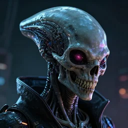 cyberpunk alien portrait, nightmare halloween themed, hyper realistic shiny textures 8 k, skull, cyberpunk, elongated head, intricate details, fluorescent glow, science fiction space horror, unreal engine, dark, heavy shading, depth of field