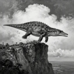 gigantic ichthyosaur floating at the top of the cliffs. a cloud of blood on a black and white background, realistic oil painting