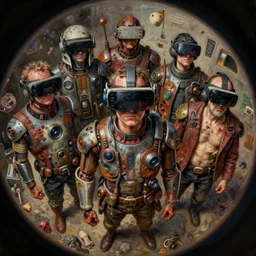junky men, cybertronic gadgets and vr helmet, flesh + technology, biotechnology, rusty shapes, rotten textures, durty colours, piotr jablonski, mark maggiori, jeff dekal, norman rockwell, mid shot, fisheye objective, hyperrealistic oil painting on canvas, deep depth field, cinematic composition, hyper - detailed, hdr, 8 k, 4 k