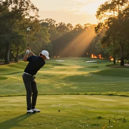 close-up of an athletic golf player on a stunning landscape lush golf course, magical light, golden hour, far away a burning forest, digital painting, 4k, forest ray light, particles light, by sasha kalinkin, Noah Bradley, ilya kuvshinov