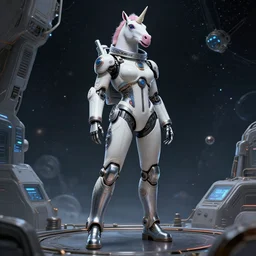 beautiful female cyborg in full body space suit, unicorn helmet, steel boots, concept art by artgerm, photoshoot, intricate, highlydetailed, space environment, artstation - n 4