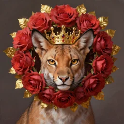 lynx wearing a flower circle made out of roses and golden leaves on his head, a majestic crown, wide shot, an expressive digital painting, high quality art