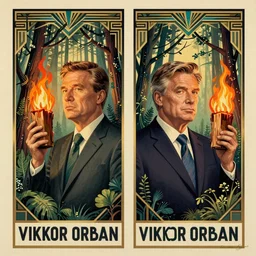 symmetry!! vintage art deco poster of viktor orban in a forest, holding a burning wood piece, highly detailed face