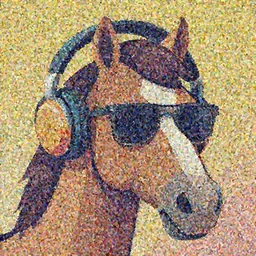a closeup of a horse with headphones and sunglasses in retro colors, synthwave style, 2 d digital vector art