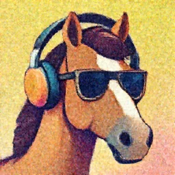 a closeup of a horse with headphones and sunglasses in retro colors, synthwave style, 2 d digital vector art