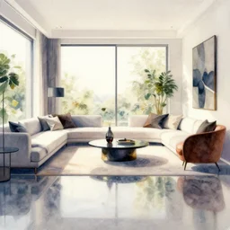 a hiper intricate watercolor of a beauty modern living room, reflexions, smooth, by william turner art, by greg rutowski,