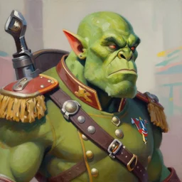 greg manchess close - up portrait painting of a ruggedly handsome, decorated dieselpunk orc general in dress uniform with olive green skin as an overwatch character, medium shot, asymmetrical, profile picture, organic painting, sunny day, matte painting, bold shapes, hard edges, street art, trending on artstation, by huang guangjian and gil elvgren and sachin teng