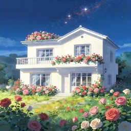 a simple and atmospheric white villa, very very beautiful dream, sea of flowers, giant roses of all colors, beautiful starry sky, the stars shining, light and shadow, by makoto shinkai