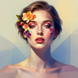 portrait of a woman with flowers on her face, vibrant lighting, elegant, highly detailed, smooth, sharp focus, illustration, beautiful, geometric, trending on artstation, full body, cinematic, artwork by borovikovsky