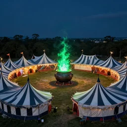 magical circus in a field at night with huge tents in a circle formation that have black and white stripes, a giant cauldron that has a green flame in the center, artwork by gerald brom, masterpiece, 4 k