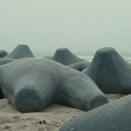 huge concrete sea tetrapods sits on sand sea coast, on the low fog, film still from the movie directed by denis villeneuve with art direction by zdzisław beksinski, parts by denis villeneuve close up, telephoto lens, shallow depth of field