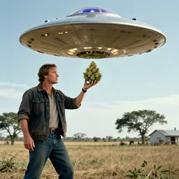 a ufo abducting a marijuana bud in a rural ranch, movie by michael bay