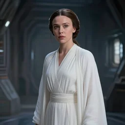 film still of!!!! millie bobby brown!!! as princess leia in star wars movie, closeup portrait, wearing long white robe, deep focus, exploring interior of a spaceship, glamour pose, dramatic lighting, octane, mist, volumetric lighting, 8 k