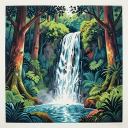 linocut print of fantasy forest, amazing art, highly detailed, waterfall, color, masterpiece, by victo ngai, craig mullins